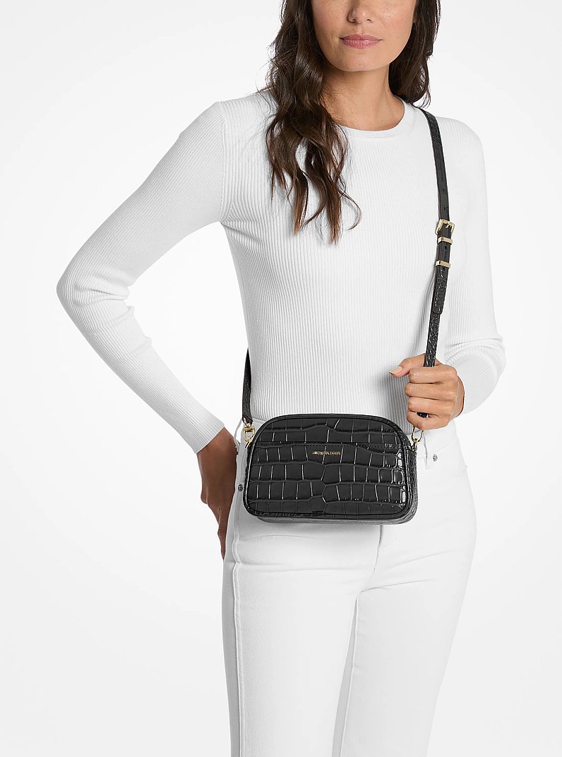 Jet Set Small Crocodile Embossed Leather Crossbody Bag in BLACK | Michael Kors