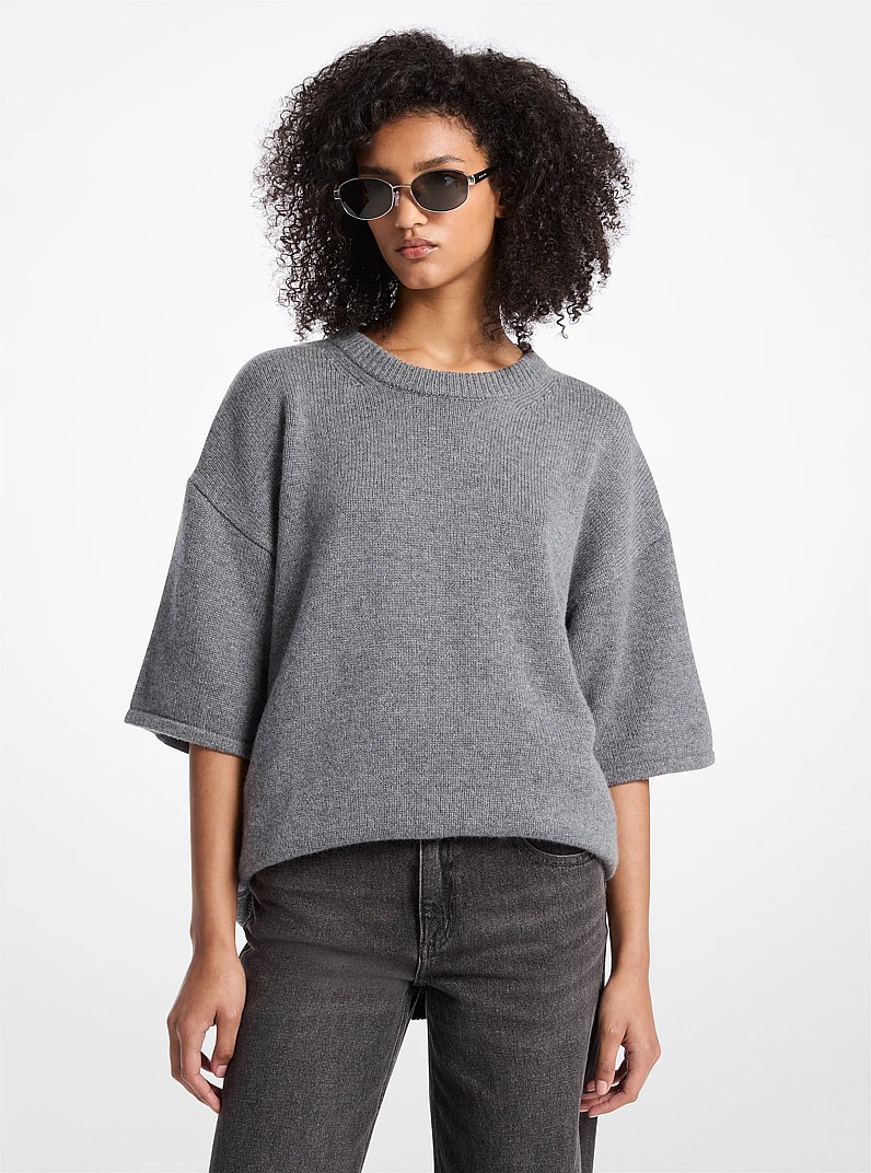 Wool and Cashmere Blend Short-Sleeve Sweater in ASH | Michael Kors