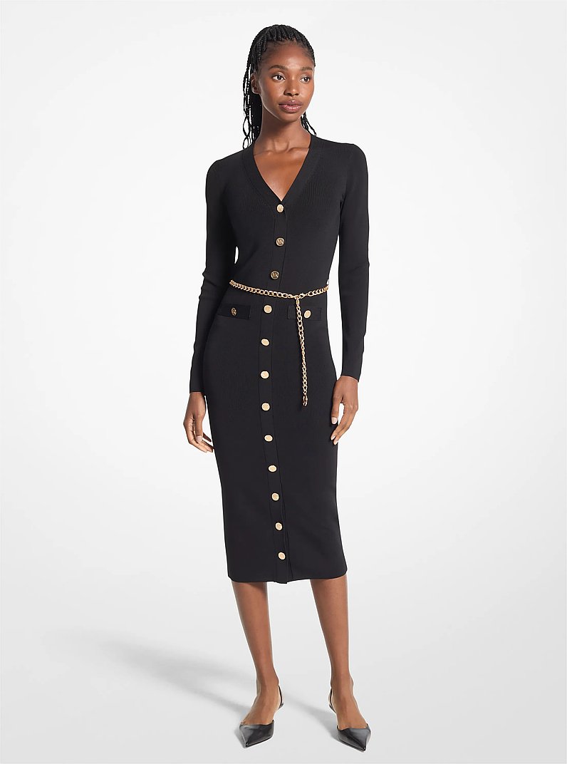 Stretch Knit Belted Dress in BLACK | Michael Kors