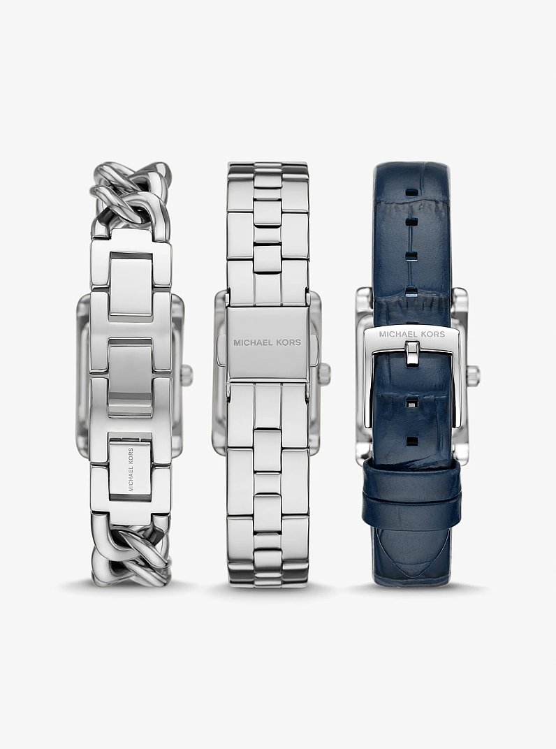 Petite Monroe Silver-Tone and Crocodile-Embossed Leather Watch Strap Set in SILVER | Michael Kors