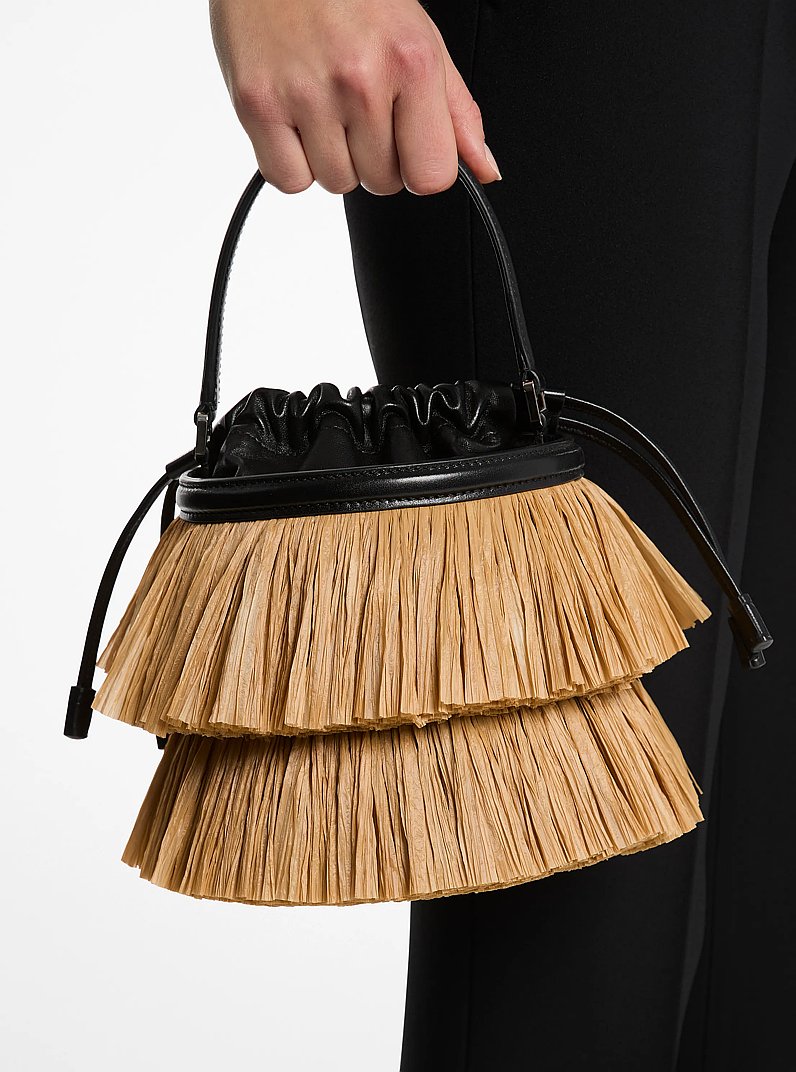Ischia Mini Leather and Fringe Bucket Bag in NATURAL/BLACK | Michael Kors