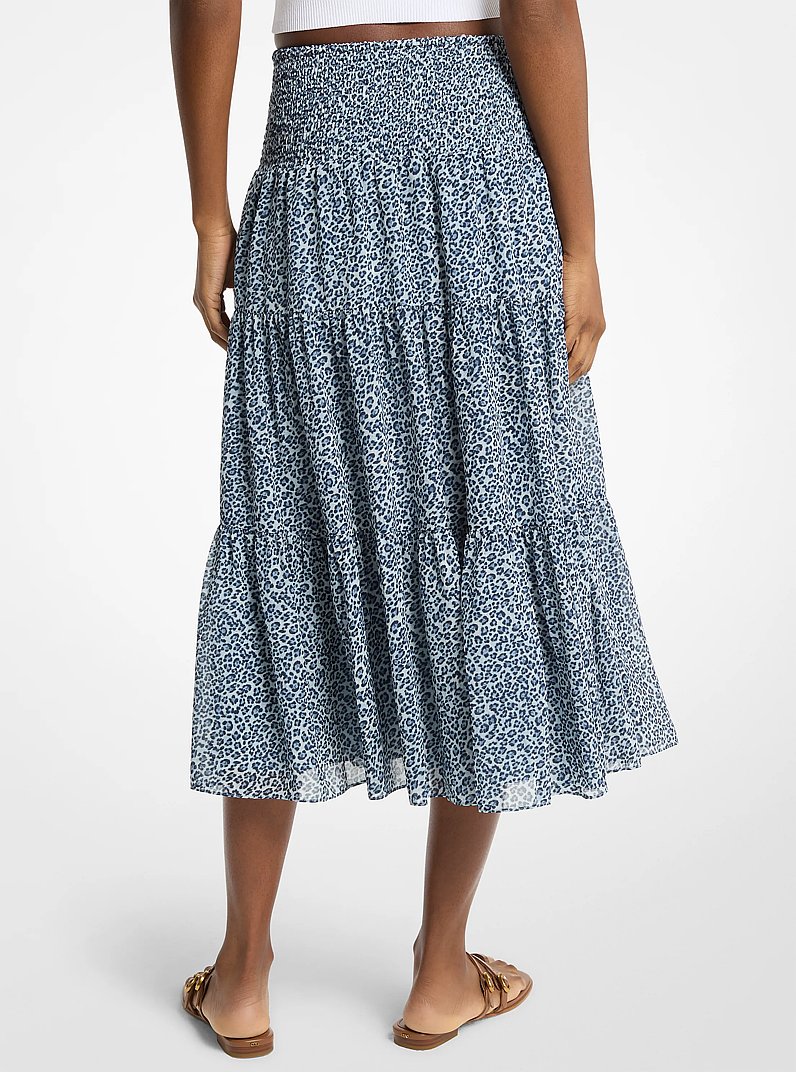 Leopard Print Georgette Tiered Midi Skirt in DK CHAMBRAY | Michael Kors