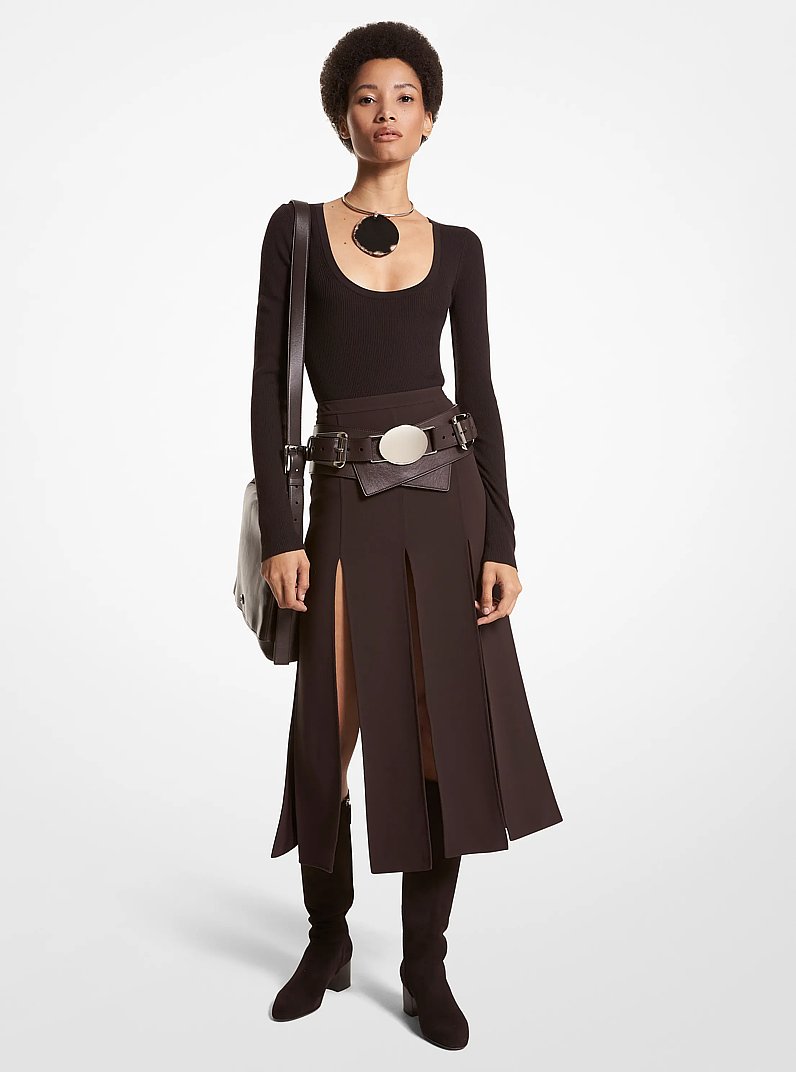 Double Faced Wool Crepe Slashed Skirt in CHOCOLATE | Michael Kors