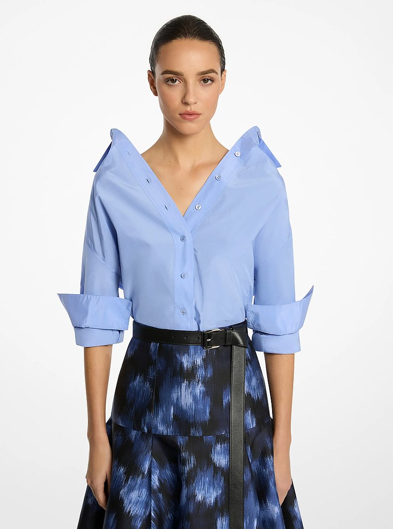 Camisa de tafet&aacute;n de seda y algod&oacute;n con cuello con solapa in AZUL HIELO | Michael Kors