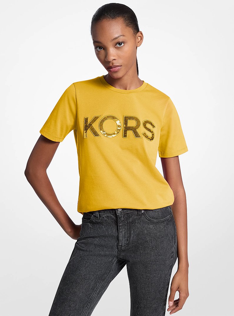 Sequined Logo Cotton T-Shirt in BRIGHT DAISY YELLOW | Michael Kors