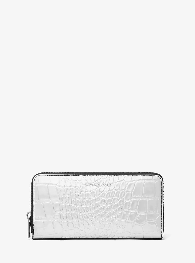 Hudson Metallic Crocodile Embossed Leather Zip-Around Wallet in SILVER | Michael Kors