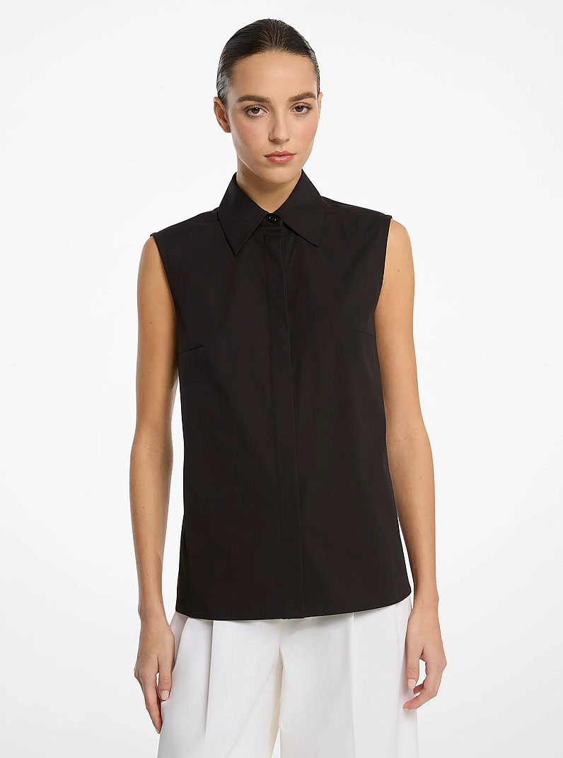 Hansen Stretch Cotton Poplin Sleeveless Shirt in BLACK | Michael Kors