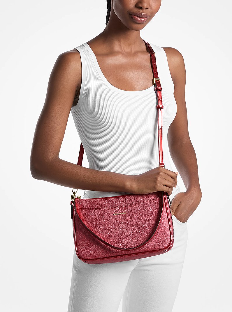 Jet Set Medium Metallic Signature Logo Convertible Crossbody Bag in CRIMSON | Michael Kors