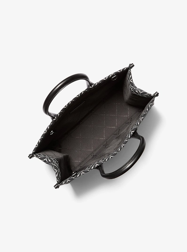 Mirella Medium Metallic Logo Jacquard Tote Bag in BLACK/SILVER | Michael Kors