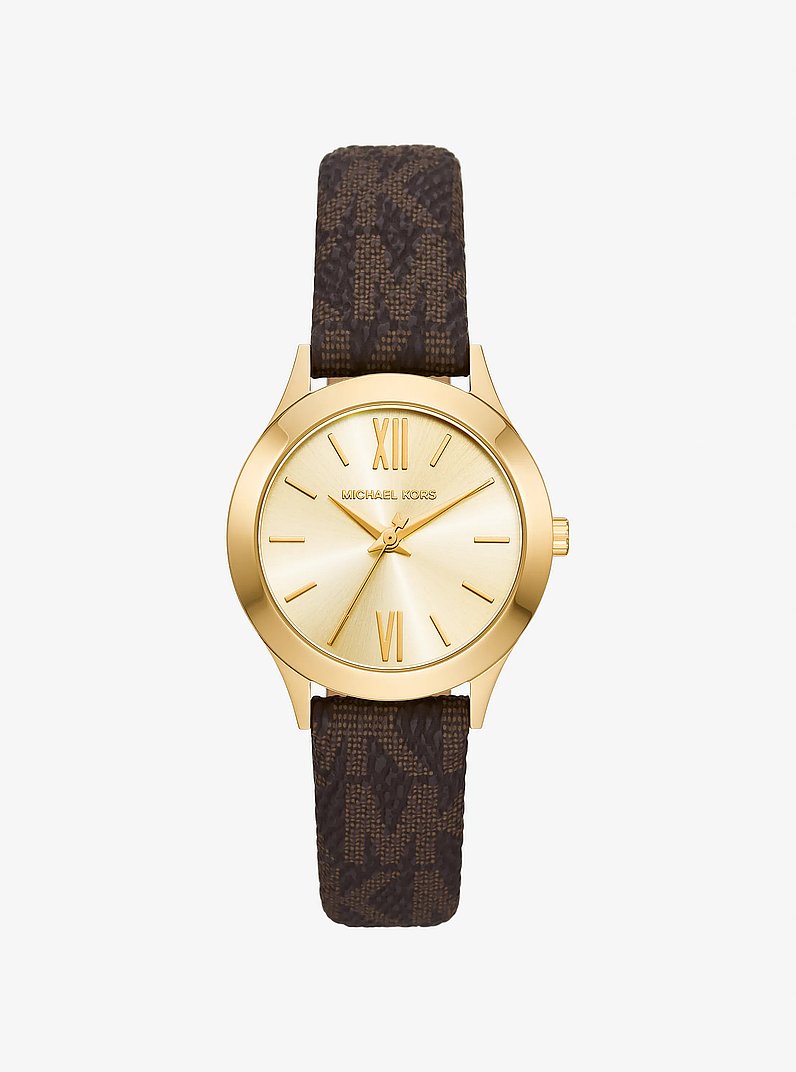 Mini Aspyn Gold-Tone and Signature Logo Watch in BROWN | Michael Kors