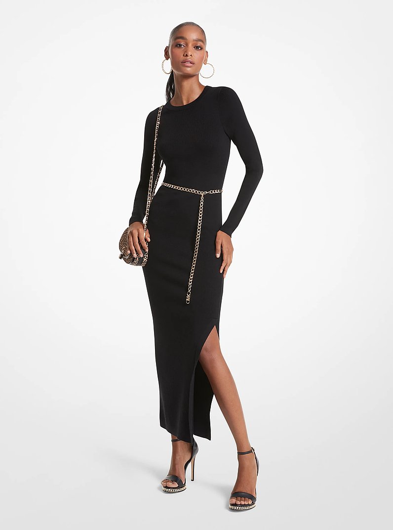 Wool Blend Belted Midi Dress in BLACK | Michael Kors