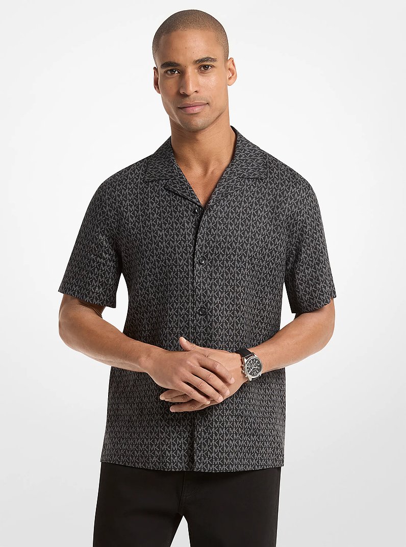 Signature Logo Linen Camp Shirt in BLACK | Michael Kors