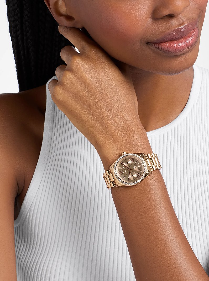 Mini Lexington Pav&eacute; Brushed Beige Gold-Tone Watch in BEIGE GOLD | Michael Kors