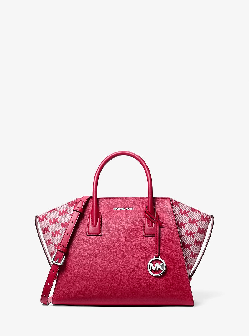 Avril Large Leather and Logo Jacquard Satchel in DK RASPBERRY