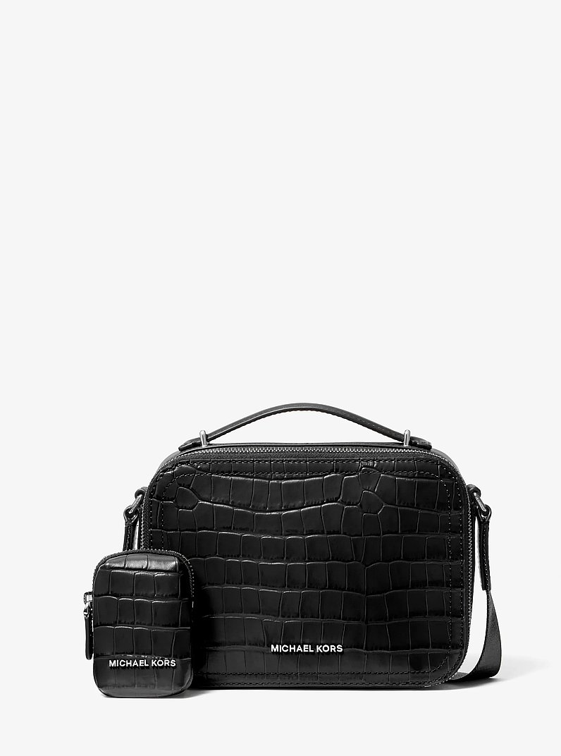 Hudson Crocodile Embossed Leather Crossbody Bag in BLACK | Michael Kors