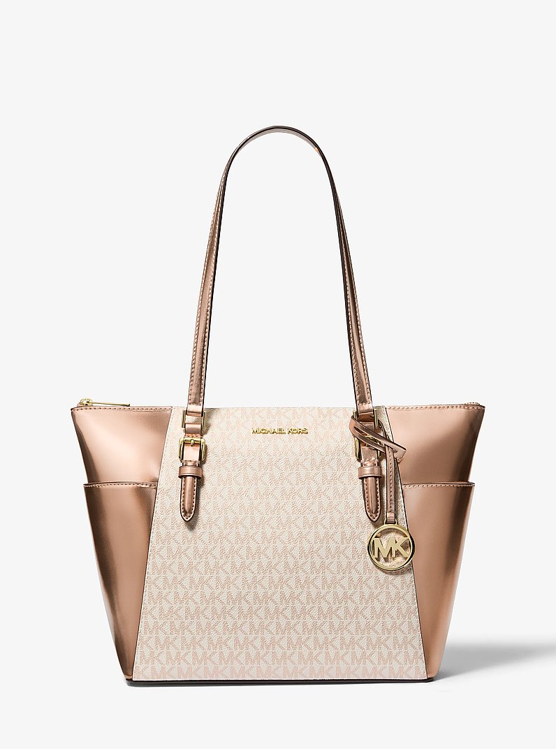 Charlotte Large Signature Logo and Metallic Top-Zip Tote Bag in ROSE GOLD | Michael Kors