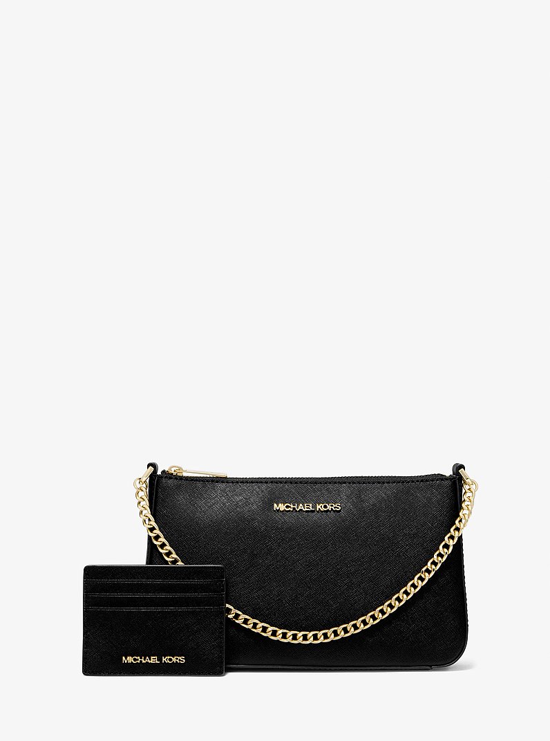 Medium Saffiano Leather Shoulder Bag and Card Case Gift Set in BLACK | Michael Kors