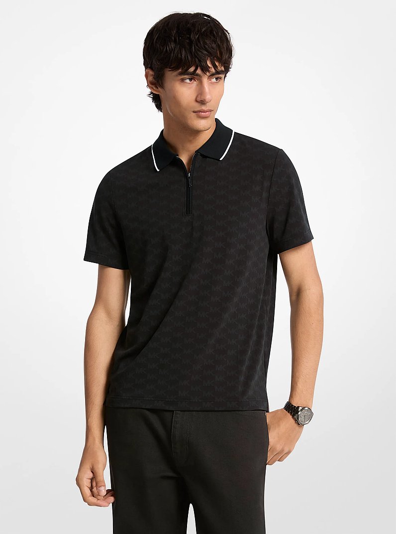 Logo Jacquard Zip-Up Polo Shirt in BLACK | Michael Kors