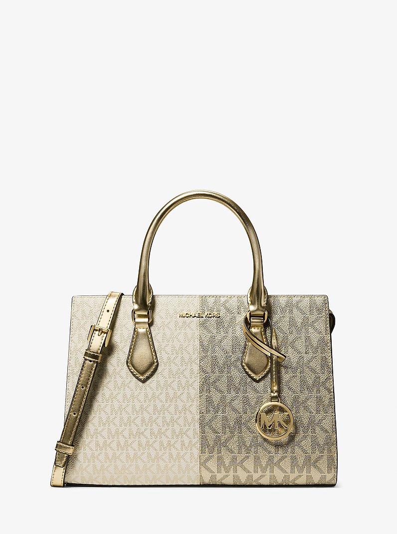 Sheila Medium Two-Tone Metallic Signature Logo Satchel in PALE GOLD | Michael Kors