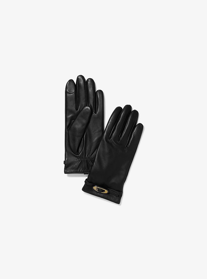 Buckle Leather Gloves in BLACK | Michael Kors