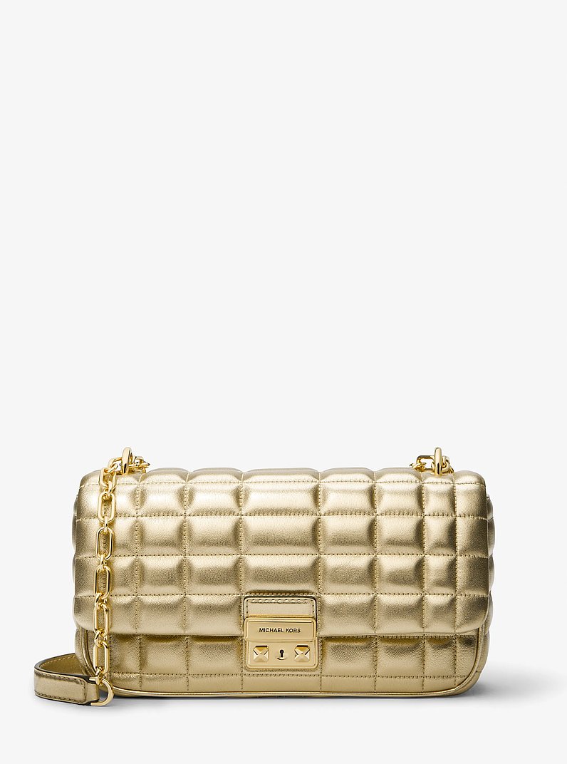 Tribeca Large Metallic Quilted Leather Shoulder Bag in PALE GOLD | Michael Kors