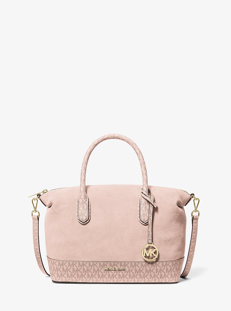 Hyde Medium Suede and Signature Logo Satchel in SOFT PINK | Michael Kors