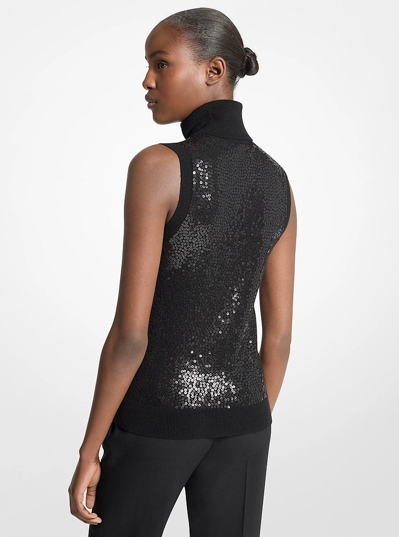 Embroidered Sequin Cashmere Sleeveless Turtleneck Sweater in BLACK | Michael Kors