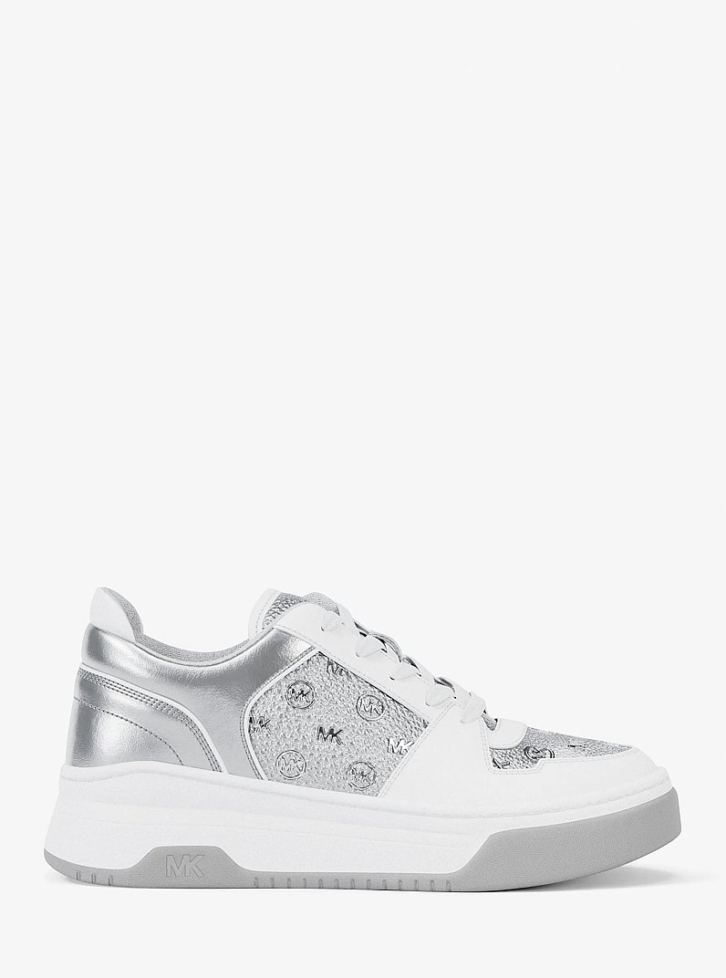 Lexi Metallic Embellished Logo Sneaker in SILVER | Michael Kors