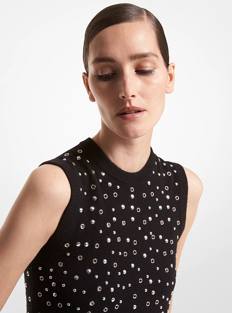 Embellished Cashmere Shell in BLACK/SILVER | Michael Kors