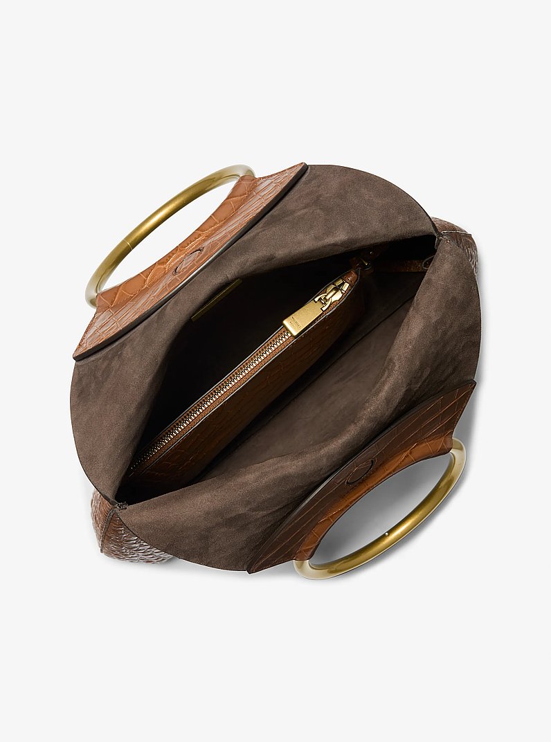 Ursula Large Crocodile Embossed Leather Ring Tote Bag in SADDLE | Michael Kors