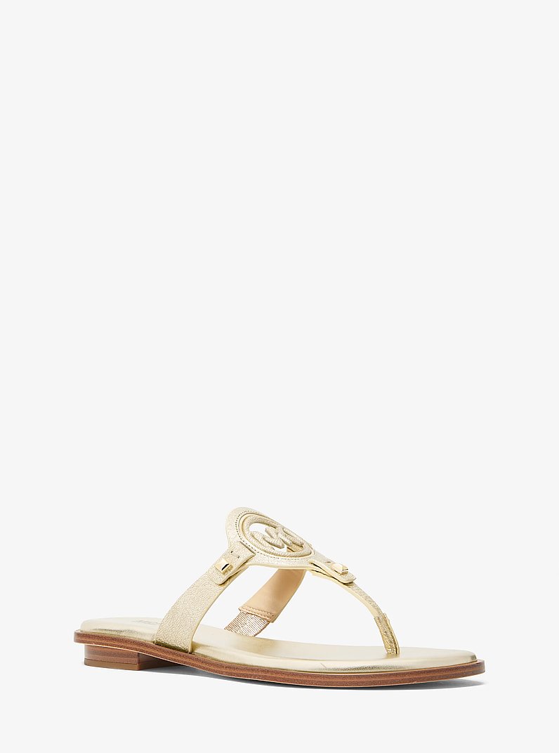Aubrey Cutout Metallic Leather T-Strap Sandal in PALE GOLD | Michael Kors