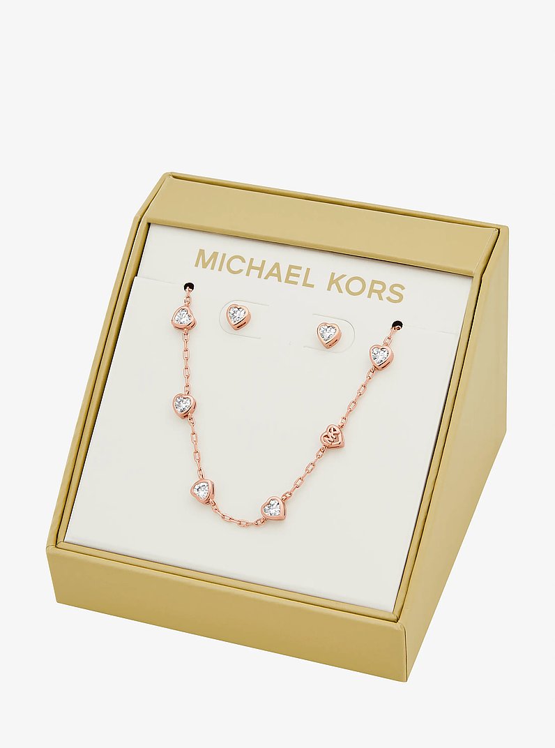 Ensemble-cadeau de collier et de clous d&rsquo;oreilles en zircon cubique en forme de c&oelig;ur in OR ROSE | Michael Kors