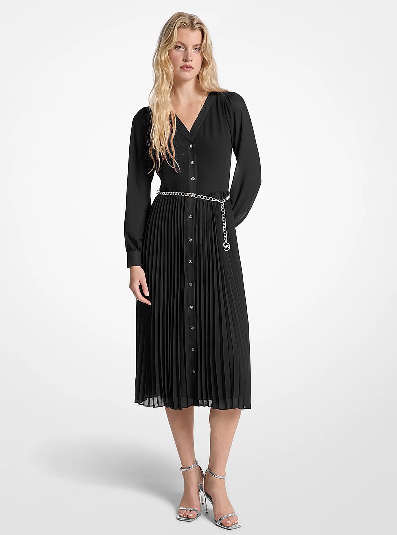 Robe chemisier ceintur&eacute;e en cr&ecirc;pe georgette pliss&eacute; in NOIR | Michael Kors