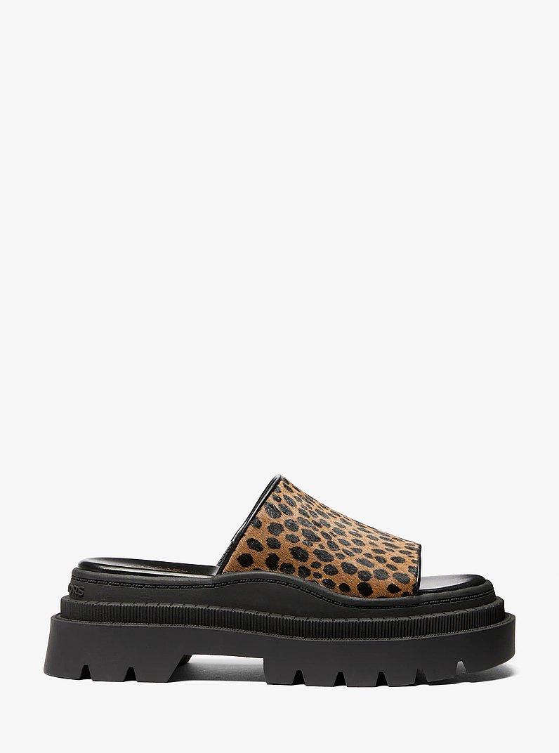 Kendra Cheetah Print Calf Hair Platform Slide Sandal in HUSK MULTI | Michael Kors