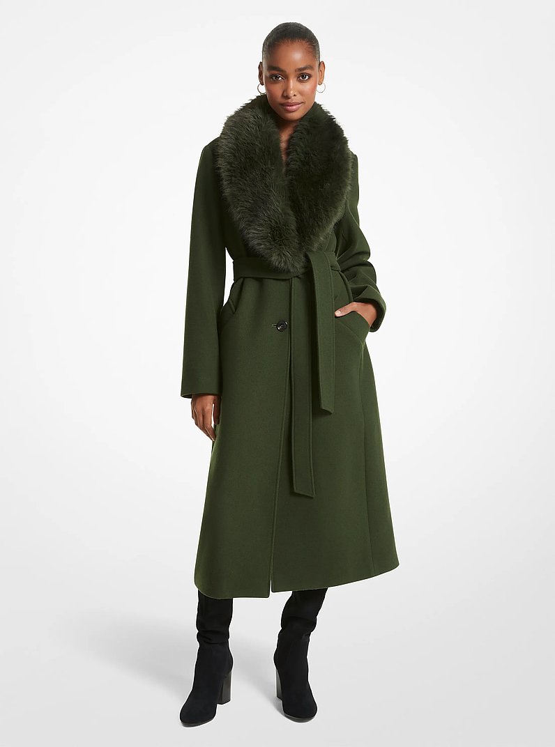 Faux Fur Trim Wool Blend Coat in JADE | Michael Kors