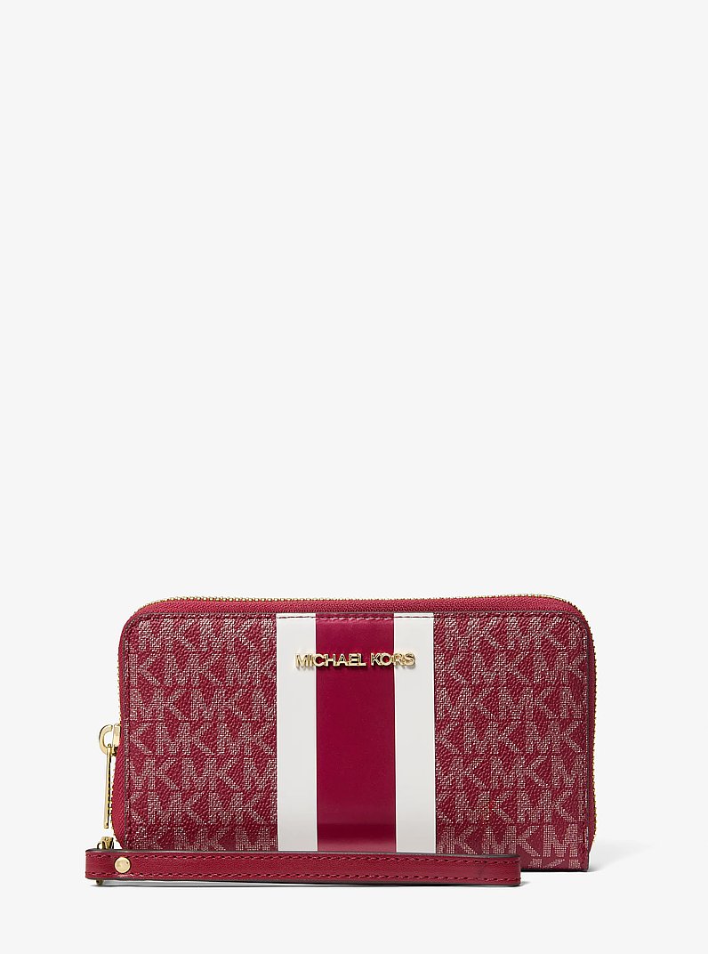 Jet Set Large Metallic Signature Logo Stripe Smartphone Wallet in CHERRY | Michael Kors
