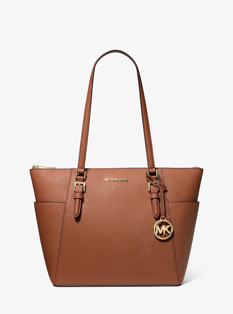 Charlotte Large Saffiano Leather Top-Zip Tote Bag in LUGGAGE | Michael Kors
