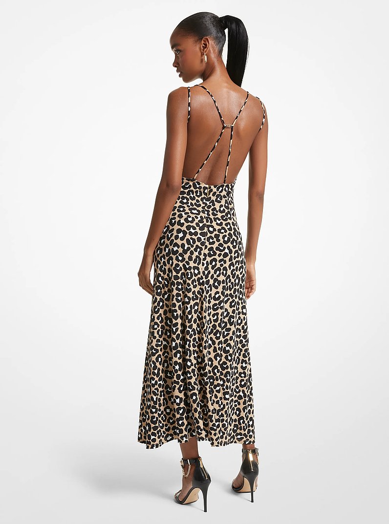Leopard Print Matte Jersey Cutout Slip Dress in KHAKI/BLACK | Michael Kors