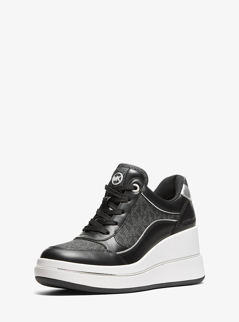 Emmy Signature Logo and Leather Wedge Trainer in BLACK | Michael Kors