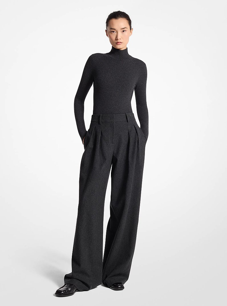 Wool Flannel Pleated Wide-Leg Trousers in CHARCOAL | Michael Kors