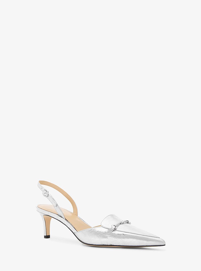 Lena Crackled Metallic Leather Slingback Pump in SILVER | Michael Kors