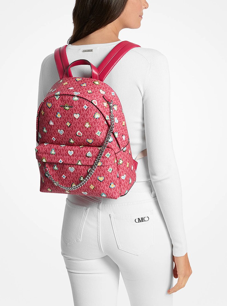 Slater Medium Printed Signature Logo Backpack in DK RASPBERRY