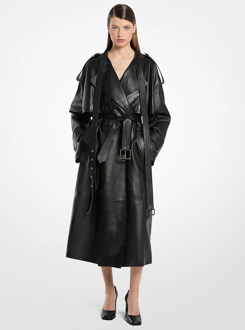 Plong&eacute; Leather Trench Coat in BLACK | Michael Kors