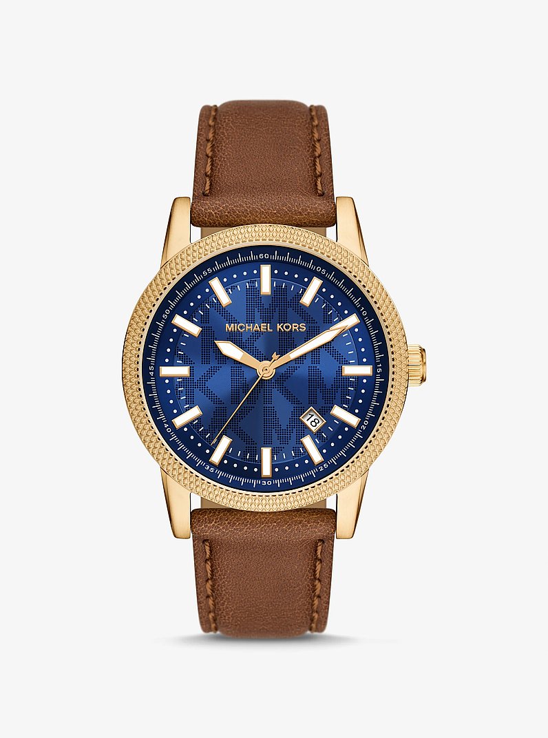 Oversized Hutton Gold-Tone and Leather Watch in LUGGAGE - Sale