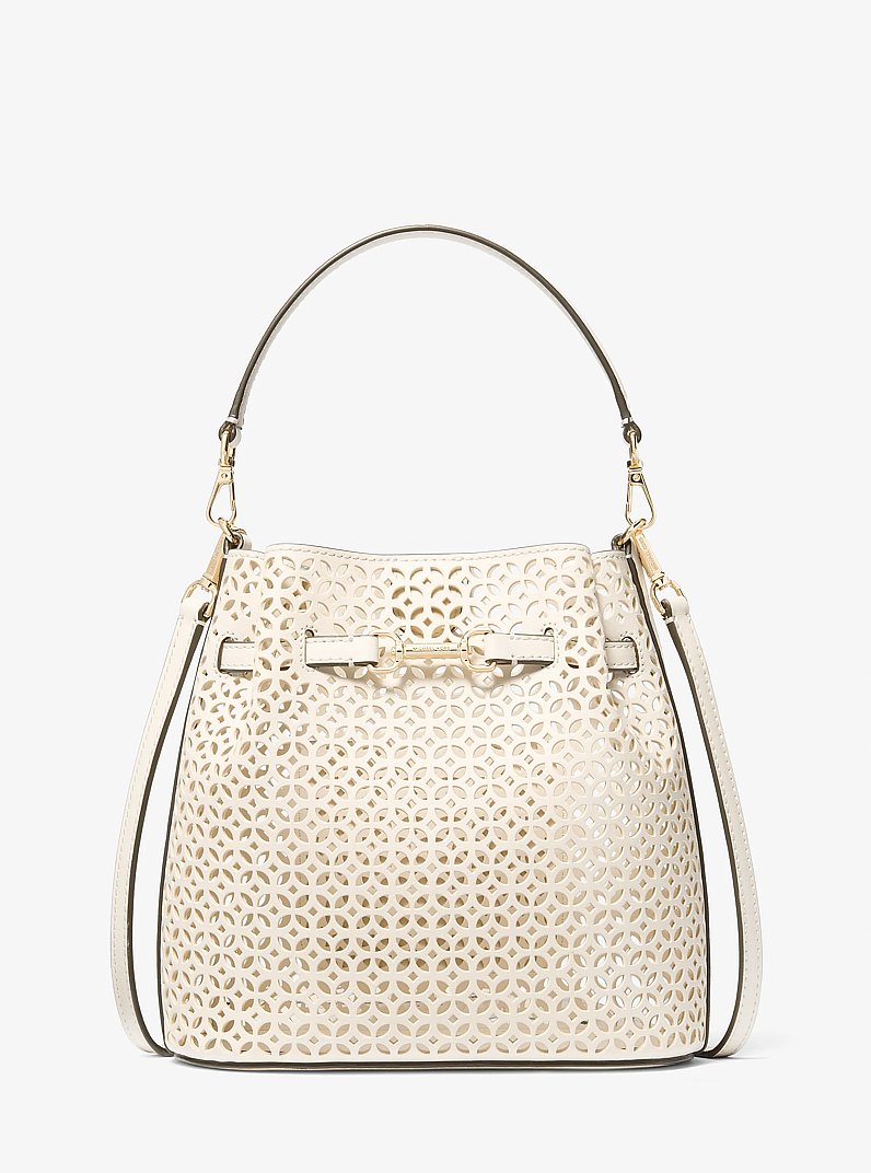 Carson Small Floral Laser Cut Bucket Crossbody Bag in LT CREAM | Michael Kors