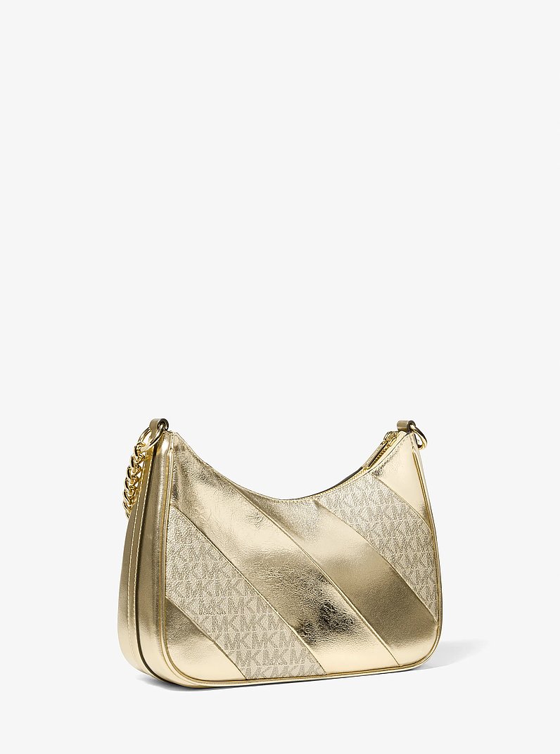 Grand sac &agrave; bandouli&egrave;re convertible Jet Set Travel &agrave; logo Signature m&eacute;tallis&eacute; in OR P&Acirc;LE | Michael Kors