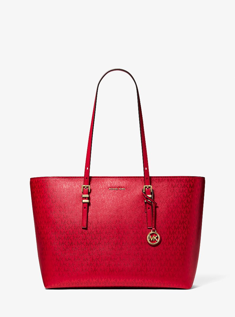 Quinn Large Metallic Signature Logo Tote Bag in CRIMSON | Michael Kors