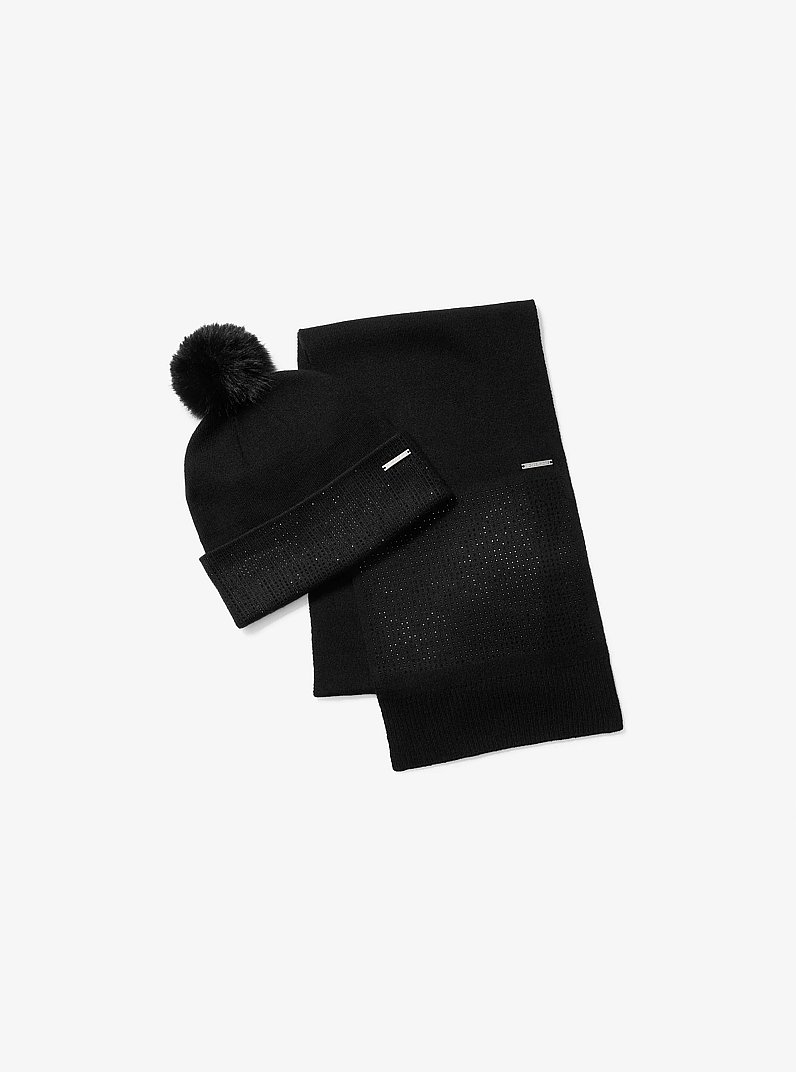 Embellished Knit Beanie Hat and Scarf Set in BLACK | Michael Kors