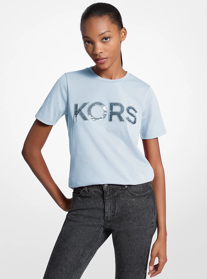 Sequined Logo Cotton T-Shirt in PASTEL BLUE | Michael Kors