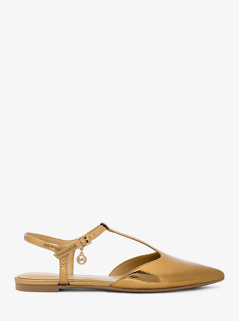 Cherie Snake Embossed Metallic Leather T-Strap Flat in ANTIQUE GOLD | Michael Kors